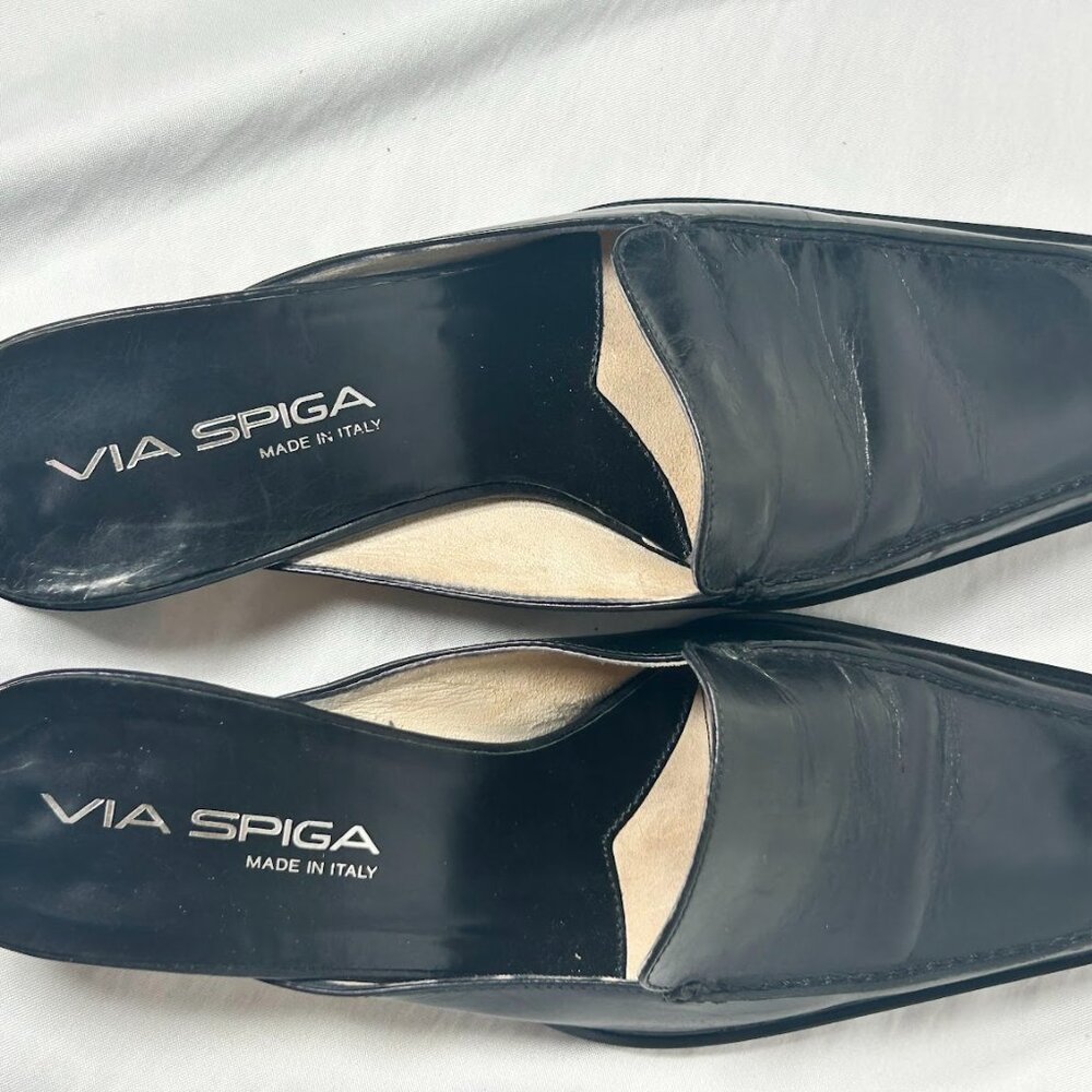 Via Spiga Black Leather Mule Heels Made in Italy Size 7 Slip On Sleek Minimalist - Picture 9 of 12